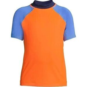 Lands’ End Boys XL Husky Rash Guard Colorblock Orange Blue Short Sleeve Beach